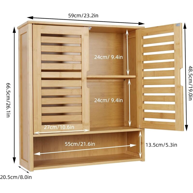 Armadietto Bagno Pensile In Bambù - 66x62x20 Cm, Con Barra Portaasciugamani E 2 Ante - Foto 9