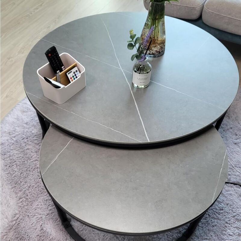 Set Di 2 Tavolini Gigogne Effetto Marmo – Struttura In Metallo – Tavolino Rotondo 80x41x46 Cm + 52x52x51 Cm - 5