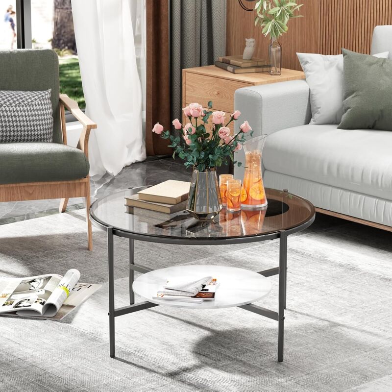 Tavolino Da Salotto,Tavolino Da Caffè,Tavolino Basso Nero E Marmo Bianco 70cm In Vetro Temperato Asfv974534 Maisonchic 75046045