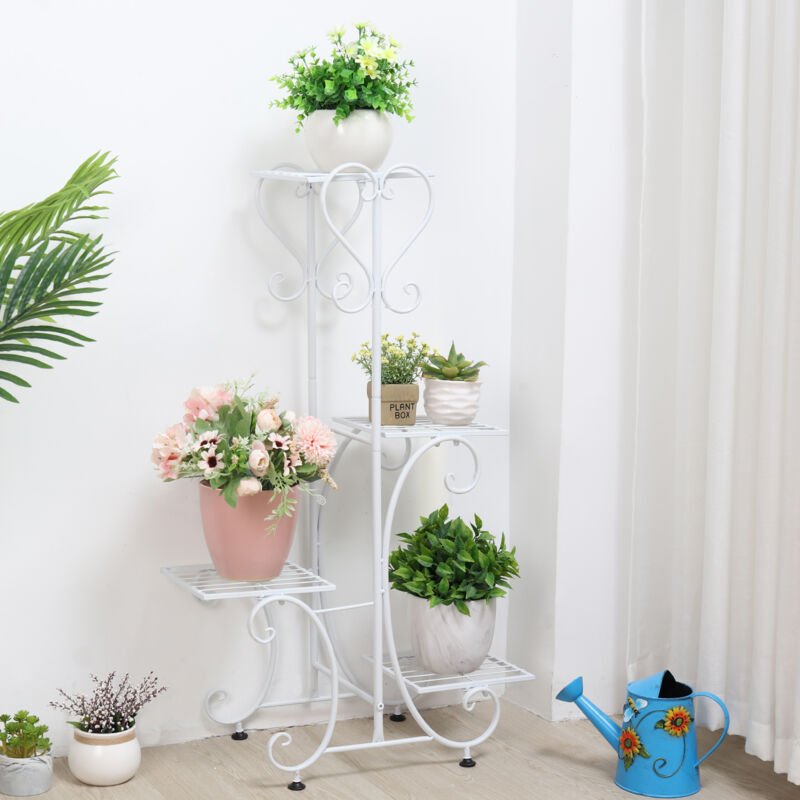 Scaffale Portafiori In Ferro Battuto Wisfor, Bianco Elegante, 4 Ripiani, Fioriera Da Esterno Alta 93,5 Cm - 4