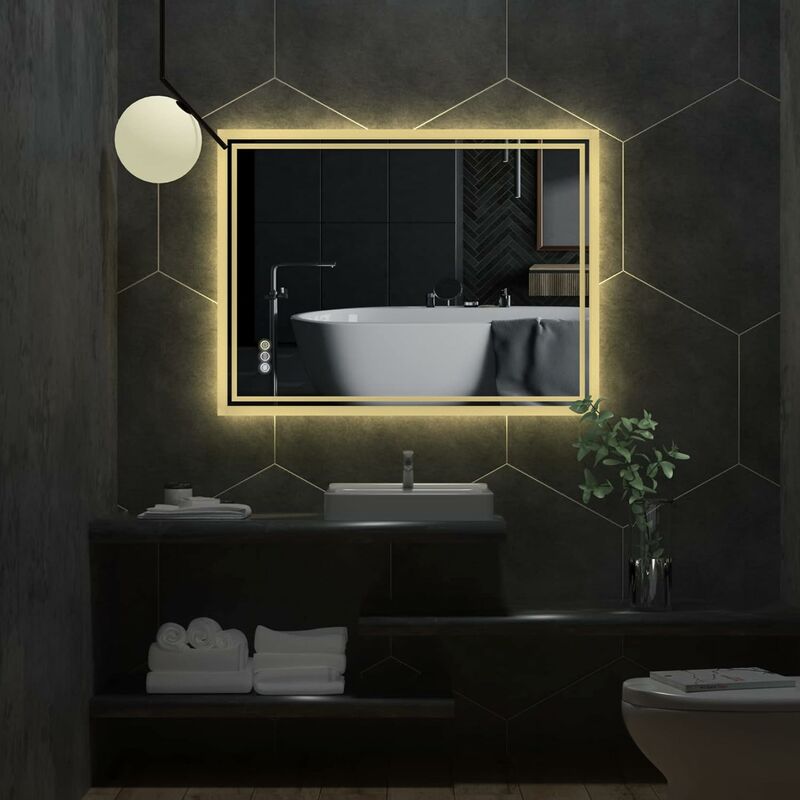 Luvodi supporto da parete per specchio da bagno con luci LED con angoli arrotondati no Border 60 x 80 cm specchio da trucco con touch screen e anti-appannamento dimmerabile 