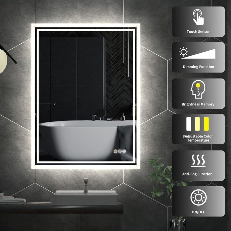 LUVODI Specchio Bagno con LED Luce Specchio Bagno Retroilluminato Luce  Specchio con LED Luce Bagno da Parete Rettangolare Interruttore Touch  Antiappanamento 50x70cm