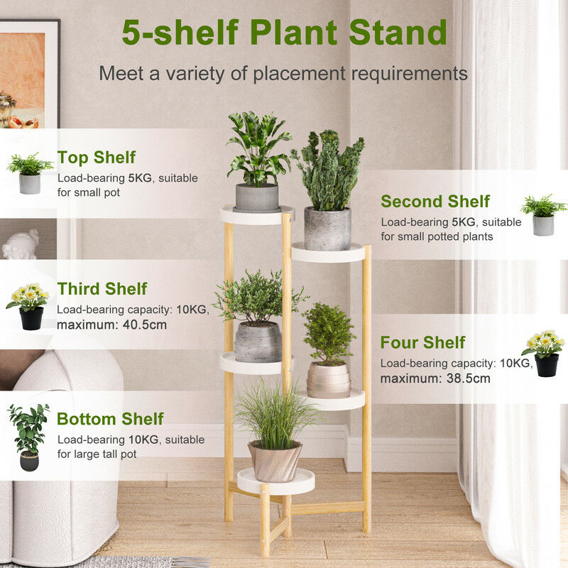 Porta piante di bambù con 5 livelli, Scaffale organizer per giardino balcone salone 114x32x141cm Naturale