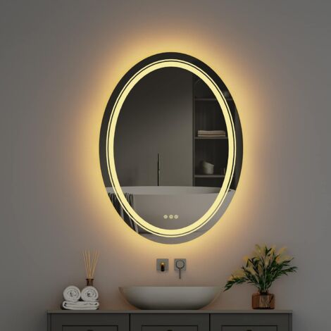 Specchio da bagno con LED Luce Retroilluminato + Frontale Luce Ovale da parete Touch, Anti-appannamento, Funzione Memoria 50x70cm