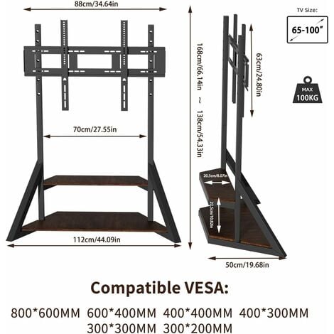 Grande Supporto Porta TV da Terra Ripiani Legno Bello Design per 65-100 Pollici Regolabile in Altezza Max VESA 800x600mm Portata 100kg
