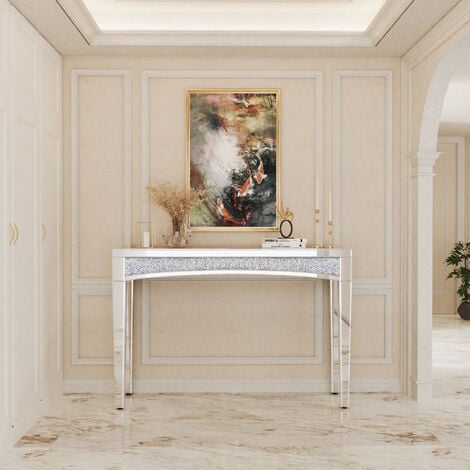 Tavolo Consolle ingresso a Specchio Vetro Cristallo incastonato Consolle Entrata Argento Moderno 120cm