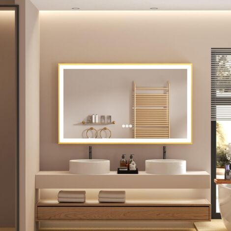 Specchio Bagno con Led Luce da Parete Rotondo Specchio Bagno con Cinghia  Interruttore Touch - 60cm Oro Cornice