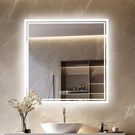 LUVODI Espejo Baño con Luz Cuadrado Antivaho Pared Bathroom Mirror Inteligente Moderno, 80x80cm (1/5)