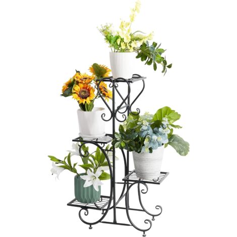 Soporte Macetas de Hierro Estanteria Plantas Jardín Interior Exterior con 4 Niveles, Negro