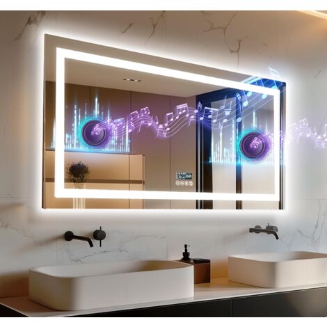 Grande Specchio da Bagno Led Smart con Bluetooth e Orologio, Retroilluminato + Frontale Luce, 120x60cm