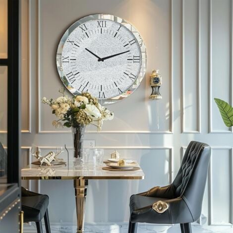 Orologio Da Parete Moderno In Cristallo 3D E Metallo - Quadrante Argento Specchiato Con Numeri Arabi, 51x51 Cm