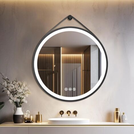 60cm Specchio Bagno Led Luce Rotondo Con Cornice Alluminio Nero Cinghia Regolabile In Pelle Illuminato Frontale Antiappanamento Dimmerabile Funzione Memoria 85604134