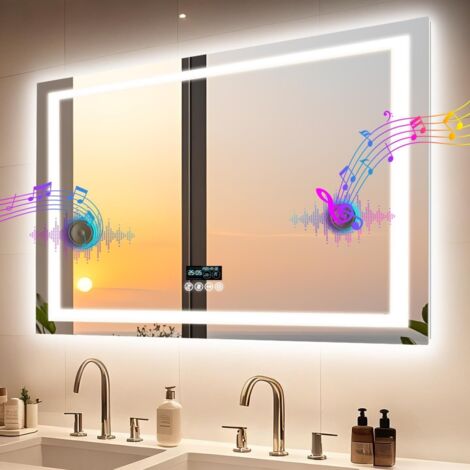 Specchio Bagno Led Luce con Bluetooth 100x70 cm con Ora Data, Antiappannamento, Dimmerabile, 3 Colori Luce, 3000-6000K