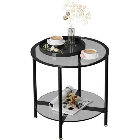 Tavolino Basso Tavolino da Caffe Rotondo in Vetro 2 Ripiani Tavolino da Soggiorno Salotto Tavolino Divano Elegante Struttura in Metallo Nero (1/5)
