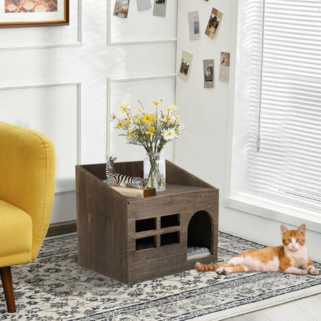 Casetta per gatto interno, cuccia gatto esterno casetta per gatto in legno cuccia per gatto in legno casa per gatti cuccia gatto chiusa con mobili nascosti con cuscino 47 x 35 x 42 cm