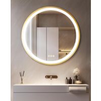 60cm Specchio Bagno Led Luce Rotondo con Cornice Alluminio Dorato, Dimmerabile Luce, Antiappannamento, Interruttore Touch, Memoria