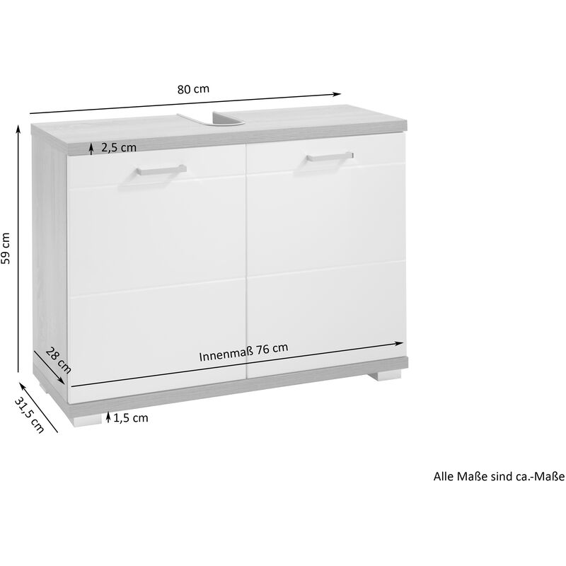 byLIVING Waschbeckenunterschrank NEBRASKA / Waschtisch Unterschrank  stehend, in Sonoma Eiche Hochglanz weiß lackiert / 2-türig / B 80, H 59, T  31,5 cm