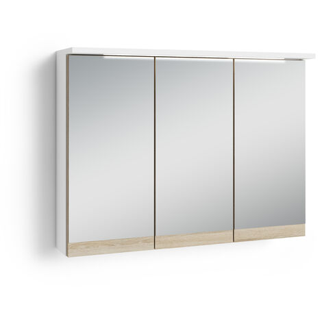 mit 3-türiger Spiegelschrank LED-Beleuchtung Moderner, Badezimmer Marino schnee- Hängeschrank Steckdose in und Spiegel / byLIVING