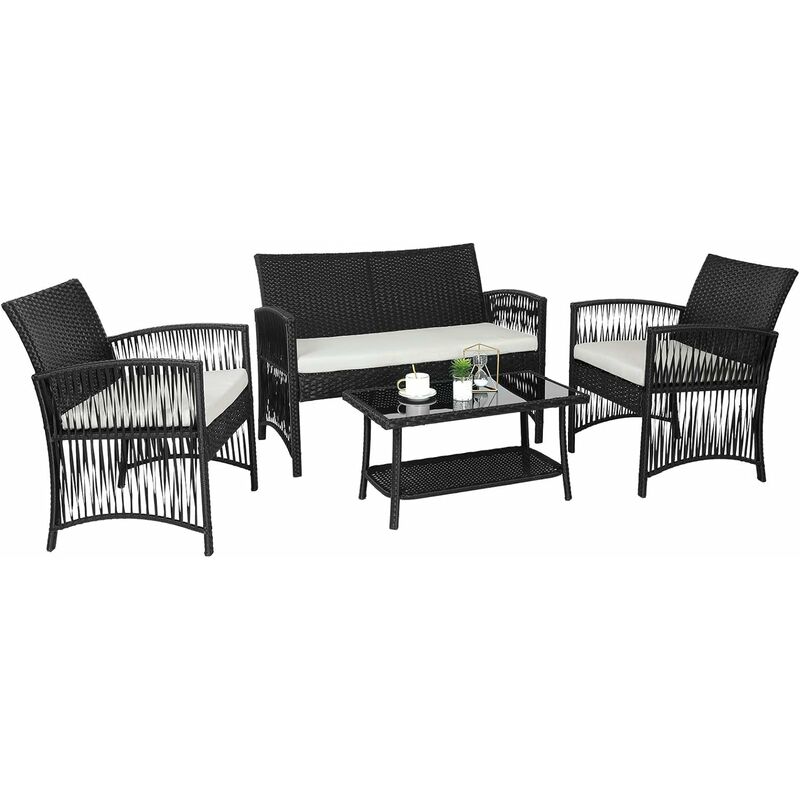 Rattan Garden Furniture Set 4 Piece Pe Patio Sets Weaving Wicker Sofa With Cushion Glass Table For Lawn Poolside Outdoor Black - Black Rattan Wicker Patio Chairs