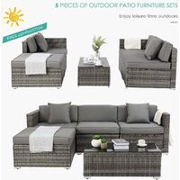 Rattan Garden Furniture Set, 5 Set Patio Sofa Set Wicker Weave Outdoor Furniture Set, With Glass Table, 8cm Cushion and Pillows For Garden Terrace Balcony