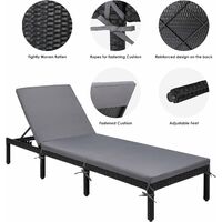 Rattan Sun Lounger, 4 Adjustable Backrest Reclining Lounger, Rattan Recliner Chairs with 5cm Cushion for Patio, Porch, Poolside and Garden