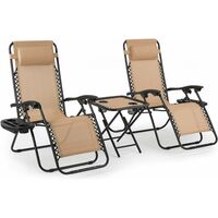 3-piece deck chair set foldable with side table, cup holder, adjustable head cushion, ergonomic, breathable sun lounger garden chair, Zero Gravity Lounge by steel frame, beige