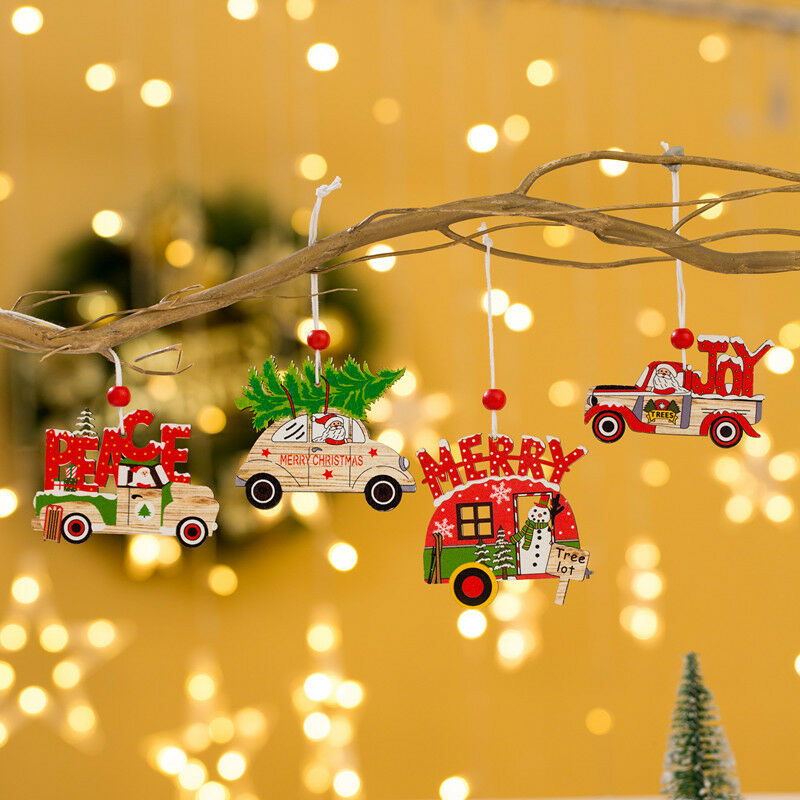 4 Uds colgantes colgantes de árbol de Navidad creativo forma de árbol de coche de madera adorno artesanal para árbol de Navidad decoración de la puerta de la pared del hogar