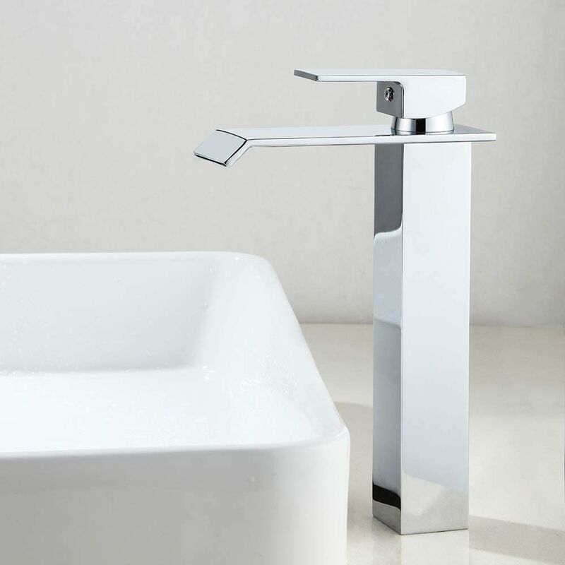 Grifo de baño, cascada de mezclador de fregadero alto, diseño moderno en un grifo de lavabo rectangular aplanado, válvula de cerámica ahorradora de agua, latón cromado (estilo alto)