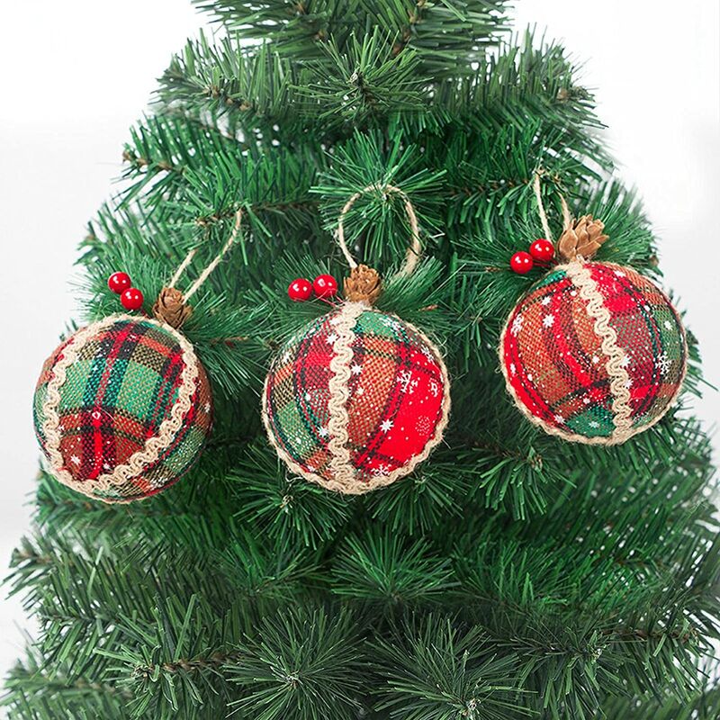 3 piezas de adornos de bolas de Navidad de tela a cuadros de búfalo, juego de decoración de árbol de Navidad rústico reutilizable, decoración colgante de arpillera negra y azul y blanca para bodas navideñas, estilo B