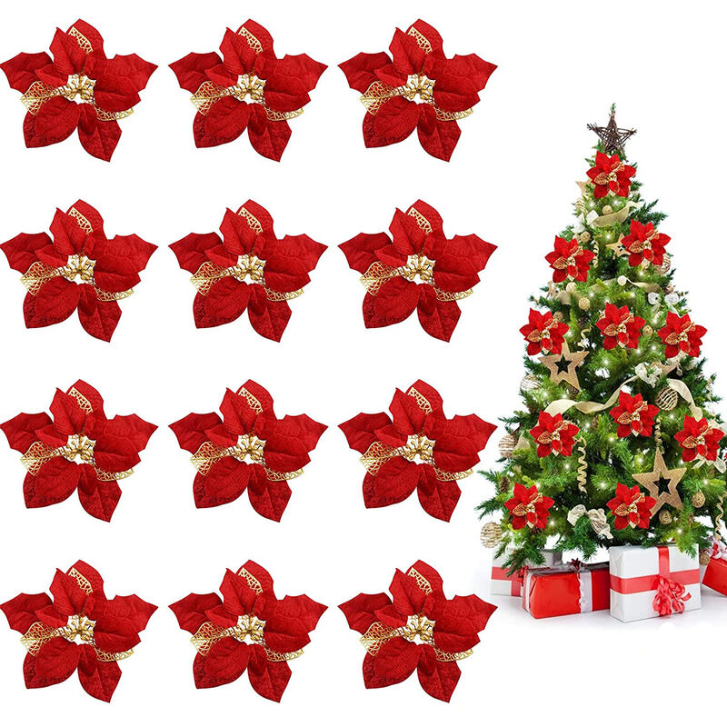 12 piezas Decoración de flores navideñas Decoraciones navideñas Flores  rojas con purpurina dorada con clips, Flores navideñas artificiales para  decoraciones de árboles de Navidad Decoración de guirnal