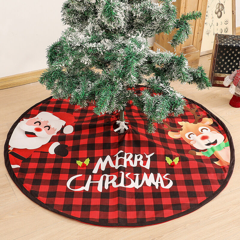 Falda de árbol de cuadros de búfalo de cuadrícula roja y negra de 48 pulgadas Faldas de árbol de Navidad grandes con adornos de reno de Santa, alfombra de árbol de Navidad para decoración de árbol de Navidad de fiesta de Navidad