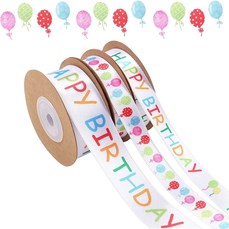 3 rollos de cinta de feliz cumpleaños cinta de pastel de cumpleaños cinta de poliéster satinado blanco, para manualidades de cumpleaños, envoltura de regalos, fabricación de moños