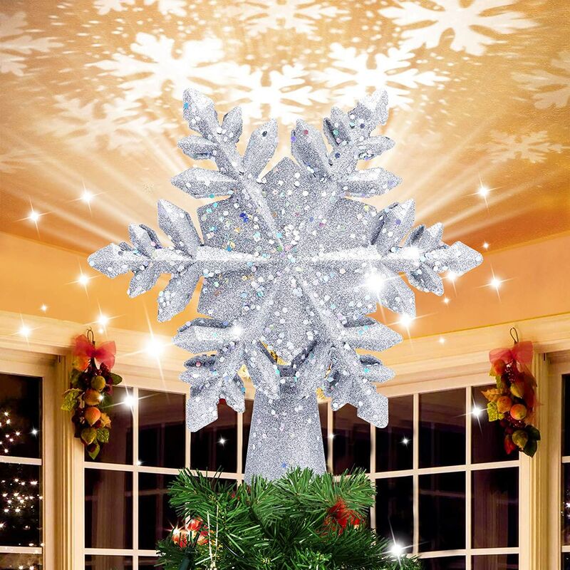 Adorno para árbol de Navidad, adorno para árbol de Navidad con copo de nieve iluminado con proyector de brillo hueco LED giratorio mágico 3D Adornos para árbol de Navidad para decoración navideña (astilla)