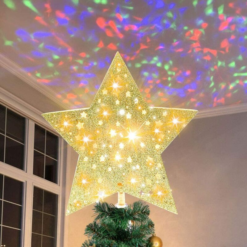 Árbol de Navidad con estrella iluminada, proyector de decoraciones de árboles de Navidad, adornos de árboles de Navidad iluminados multicolor con purpurina hueca 3D para decoraciones de árboles de Navidad