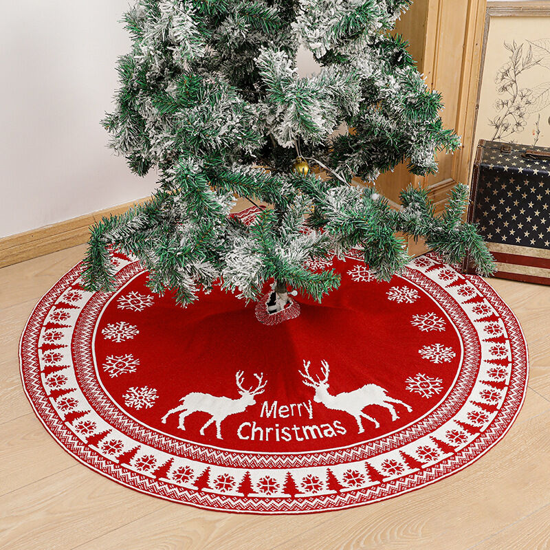 Faldas de árbol de Navidad blancas rojas, tela de punto, alfombra de manta para el piso, alfombra para decoración de fiesta de año nuevo de Navidad, falda de árbol de alce de punto