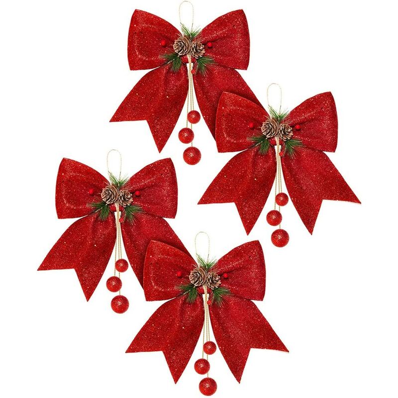 Decoraciones de lazo de festival - 4 piezas Lazo de Navidad Coronas rojas Lazos Lazos de árbol de Navidad grande Lazo de lentejuelas para decoración de adornos