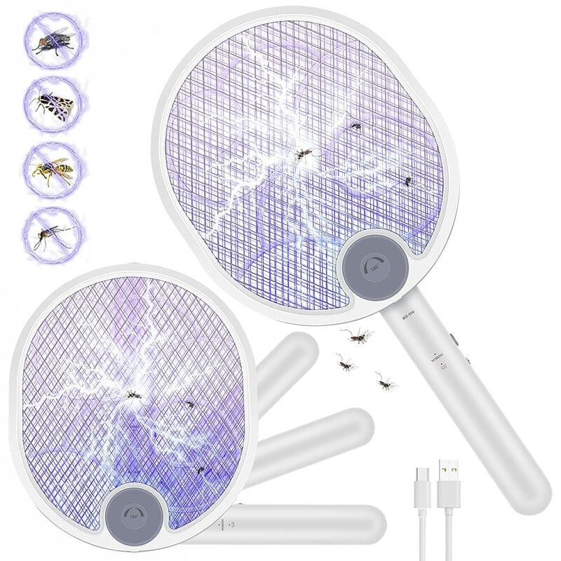 Matamoscas eléctrico de 3000V para insectos, matamoscas eléctrico recargable por USB con soporte de pared protector de malla de 3 capas