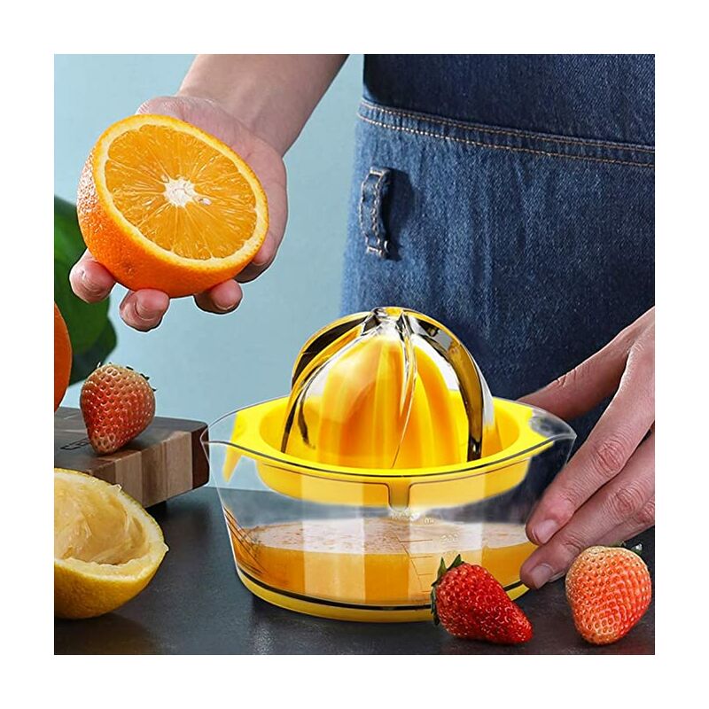 Exprimidor de limón, exprimidor de cítricos con colador, exprimidor de mano, exprimidor de cítricos, limón, naranja, exprimidor de frutas, exprimidor de lima, exprimidor manual con taza medidora integrada (amarillo)