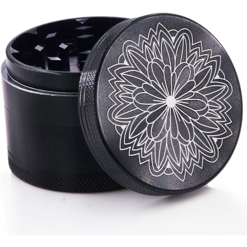 Molinillo de especias de nuevo diseño, 5,5 cm, 4 piezas, molinillo de especias de aluminio, molinillo de pimienta y contenedor de especias con diseños florales (crisantemo negro)