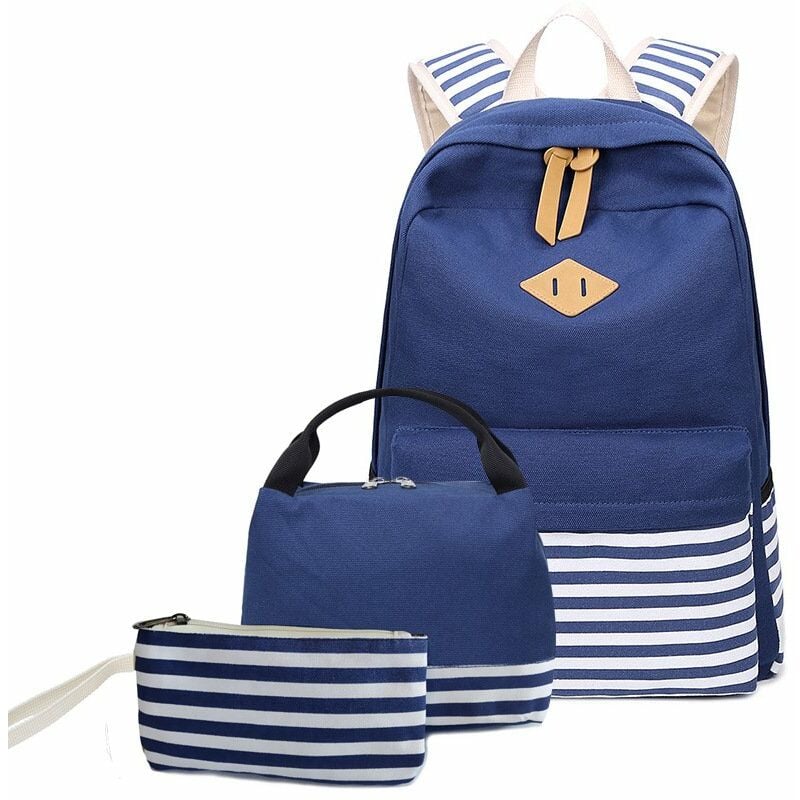 Mochila de rayas de lona Mochilas lindas para adolescentes para niñas Mochila escolar Bolsa de almuerzo Mochila de tres piezas Azul (17 * 5.5 pulgadas)