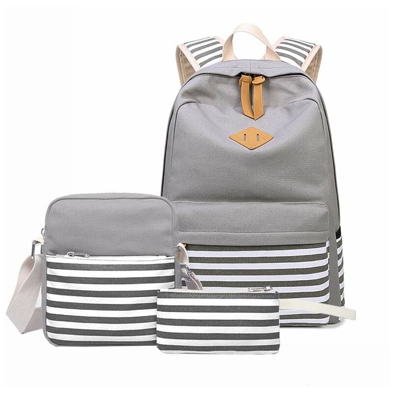 Mochila de rayas de lona Mochilas lindas para adolescentes Mochila escolar para niñas Mochila de tres piezas Gris (17 * 5.5 pulgadas)