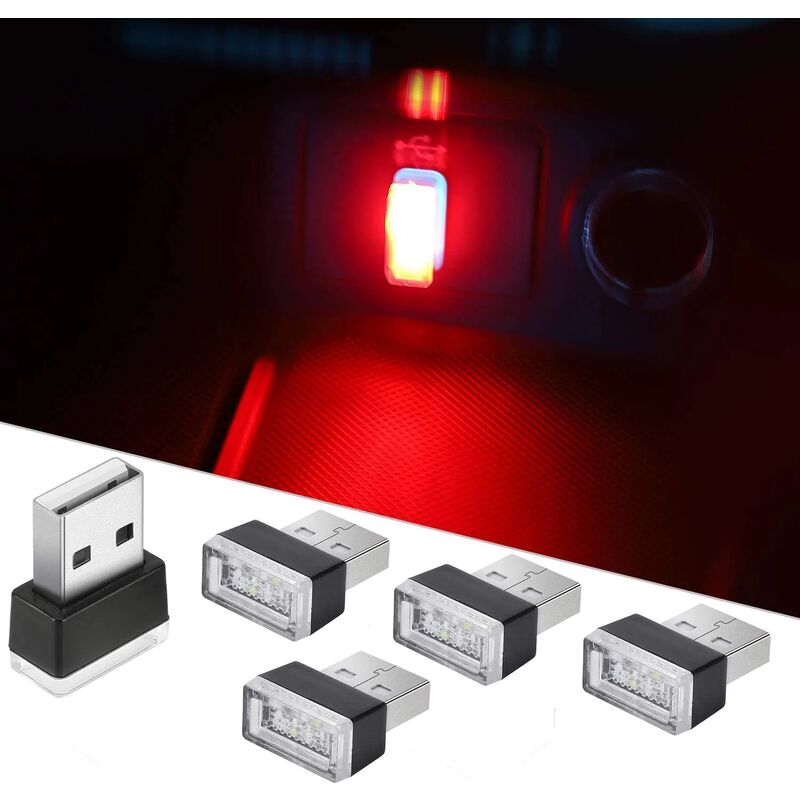 5 luces LED de ambiente para coche rojo, luces enchufables de 5 V, mini kit de iluminación ambiental interior para coches, portátiles, salidas USB (áspero)