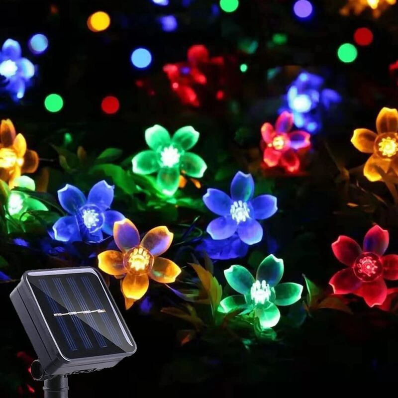 50LED Luces de cadena solares Flor de cerezo Cadena de hadas 50LED 8 modos Impermeable Jardín al aire libre Patio de Navidad Decoración interior Multicolor [Clase de eficiencia energética A +++]]