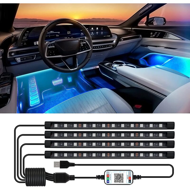 Luces LED interiores para automóvil, 4 piezas 48 LED USB Car LED Strip, RGB Music Multicolor Ambient Lighting, impermeable Car Interior Atmósfera Light con APP