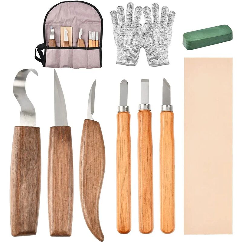 Kit de herramientas para tallar madera de 10 piezas, kit de acero al carbono con 3 cinceles de madera, 3 cuchillos para tallar madera, guantes, bolsa de almacenamiento, herramientas profesionales para tallar madera para principiantes y profesionales