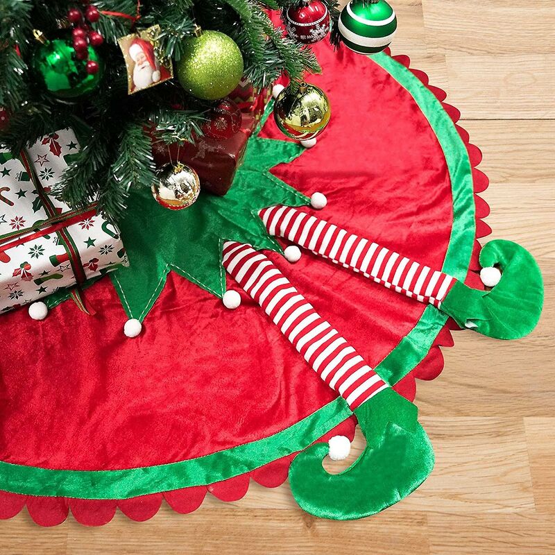 Falda de árbol de Navidad de duende grande de 48 "con patas a rayas de caramelo y borde de borde ondulado, decoración temática de elfo de Navidad, adornos de árbol, ayudante de Santa debajo de la identificación del árbol