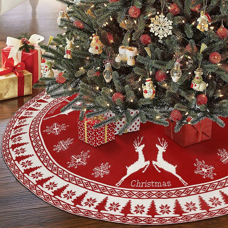 Falda de árbol de Navidad, falda de árbol de Navidad rústica grande de 48 pulgadas con copo de nieve y reno, falda de árbol de Navidad de punto rojo, decoraciones de Navidad, para decoración de árbol de Navidad de fiesta de interior
