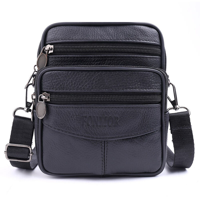 Bolsos pequeños para hombres Capa superior de cuero Bolsos para teléfonos móviles Riñoneras de cuero Bolsos de hombro para hombres, negro