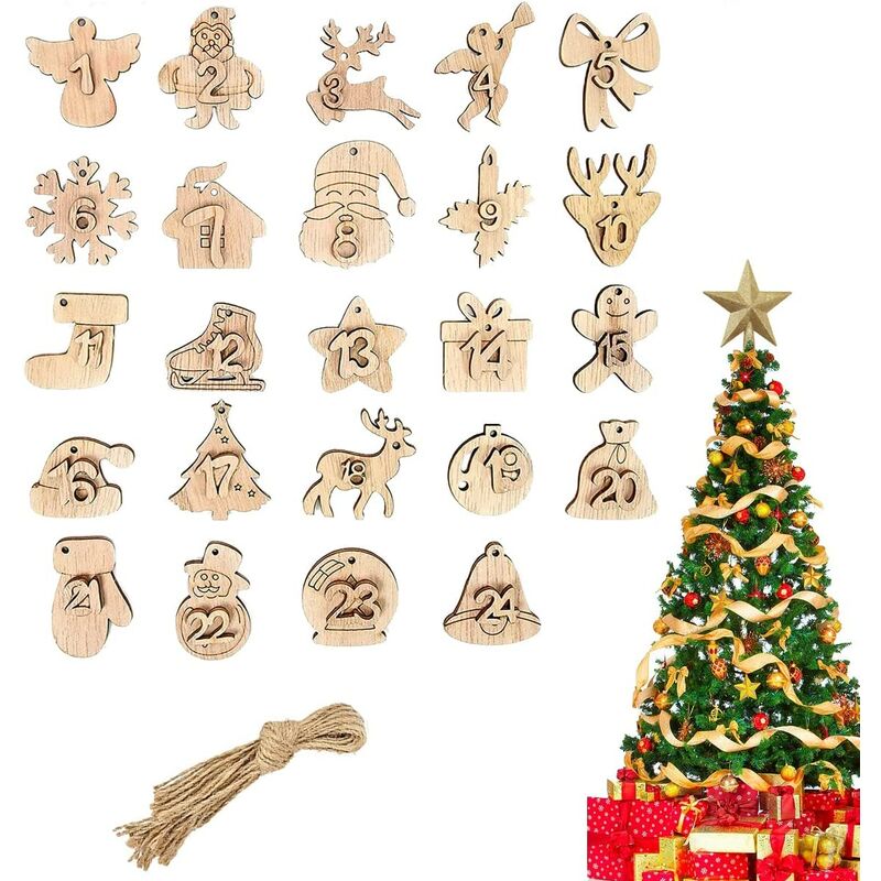 24 piezas de decoración de árbol de Navidad de madera, virutas de madera de Navidad, colgantes originales de bricolaje, decoraciones de árbol de Navidad, decoración de adornos de Navidad, para manualidades de árbol de Navidad (B)