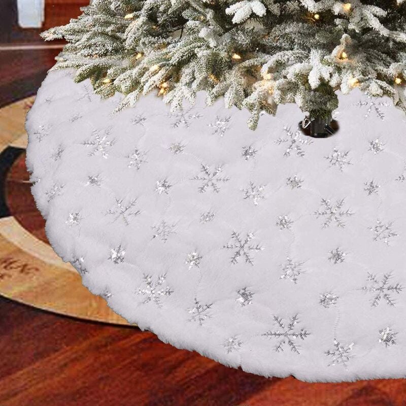 (122 cm) Falda de árbol de Navidad Cubierta de pie de árbol de Navidad Alfombra de árbol de Navidad blanca Decoración de alfombra de felpa Cubierta de pie en el dedo del pie Árbol decorativo con copos de nieve Falda de árbol de Navidad para decoración de fiesta